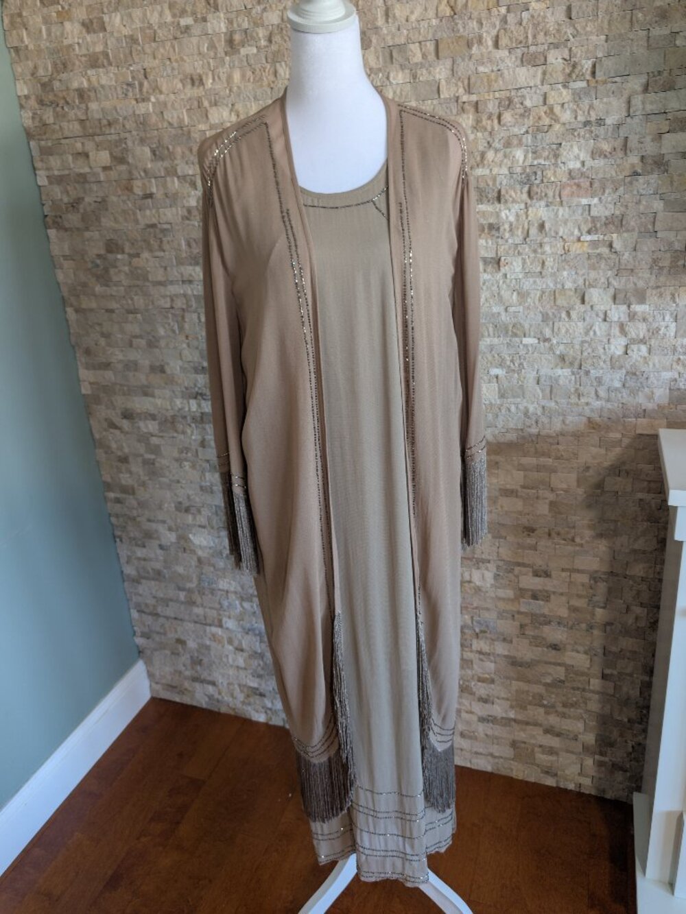 Chan Luu Beaded Maxi Dress Cardigan Set Tan Chiffon Fringe Racerback Slit L